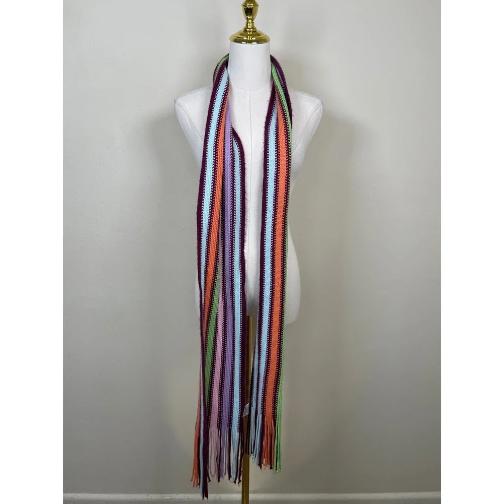 Vintage Aeropostale Scarf Women Multicolor Striped Knit Fringe Boho Y2K